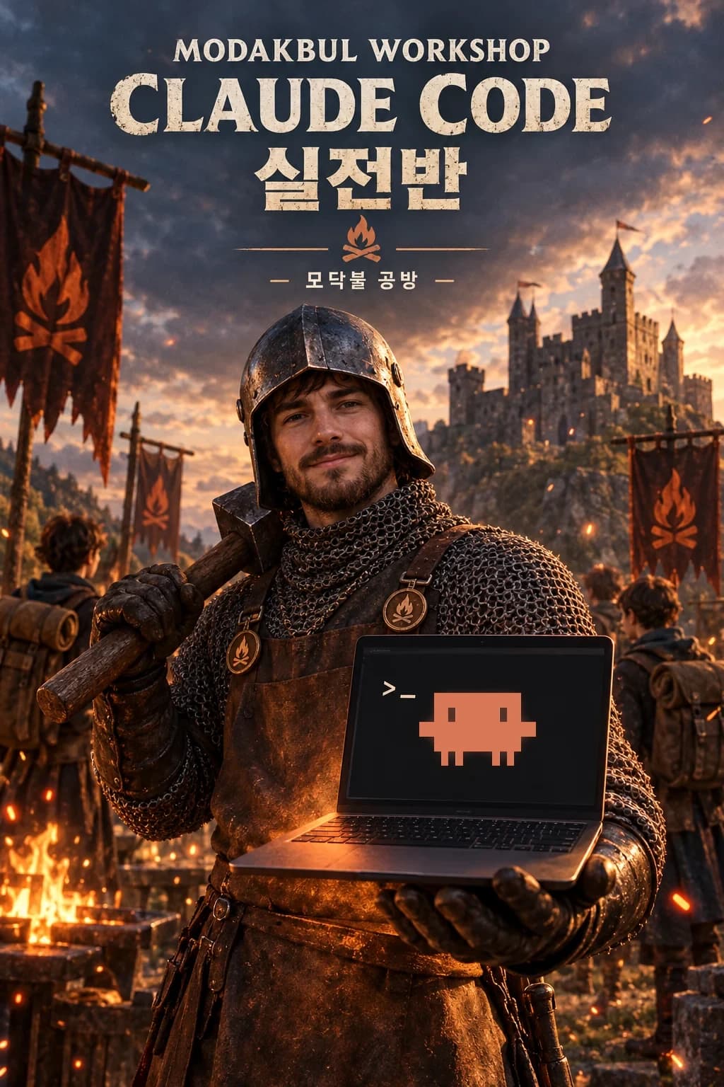 모닥불 공방 Claude Code 실전반 포스터. 갑옷과 대장장이 앞치마를 입은 기사가 망치를 메고 Claude Code 화면이 켜진 노트북을 들고 있다
